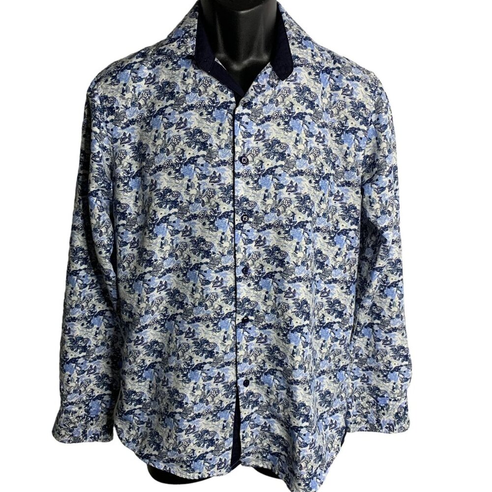 Silverstone Button Up Long Sleeves Shirt S Blue Floral Collared Modern Fit